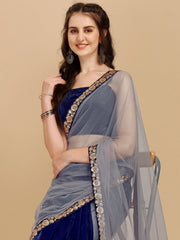 Navy Blue & Grey Embroidered Velvet Saree - Inddus.com