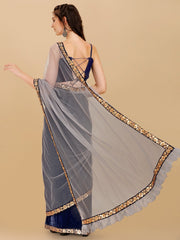 Navy Blue & Grey Embroidered Velvet Saree - Inddus.com