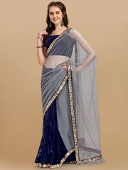 Navy Blue & Grey Embroidered Velvet Saree - Inddus.com