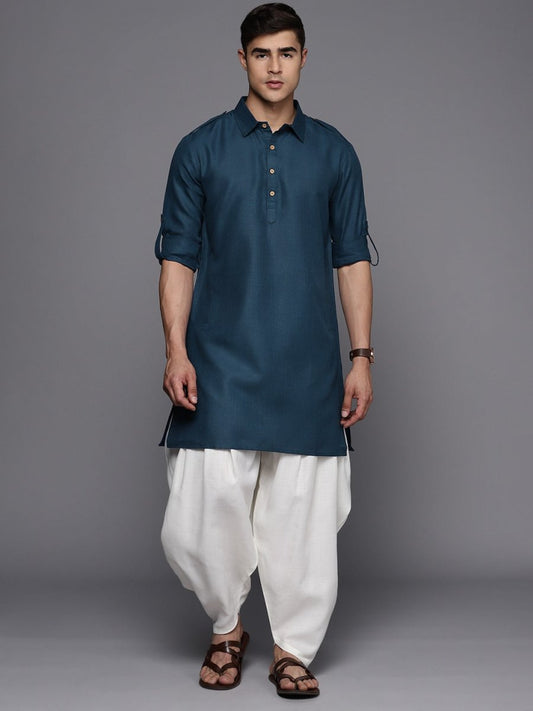 Navy Blue Linen Blend Pathani Kurta with Dhoti Pants - Inddus.com