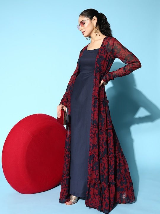 Navy Blue & Maroon Georgette Maxi Dress With Floral Printed Jacket - Inddus.com