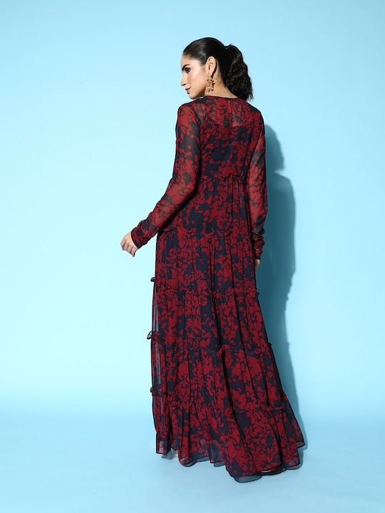 Navy Blue & Maroon Georgette Maxi Dress With Floral Printed Jacket - Inddus.com