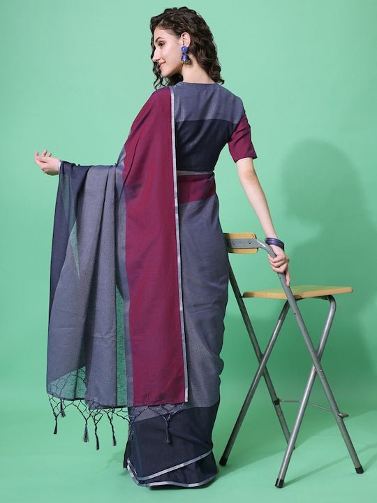 Navy Blue & Maroon Woven Design Saree - Inddus.com