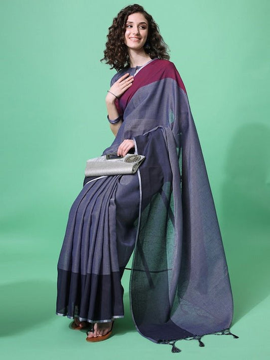 Navy Blue & Maroon Woven Design Saree - Inddus.com