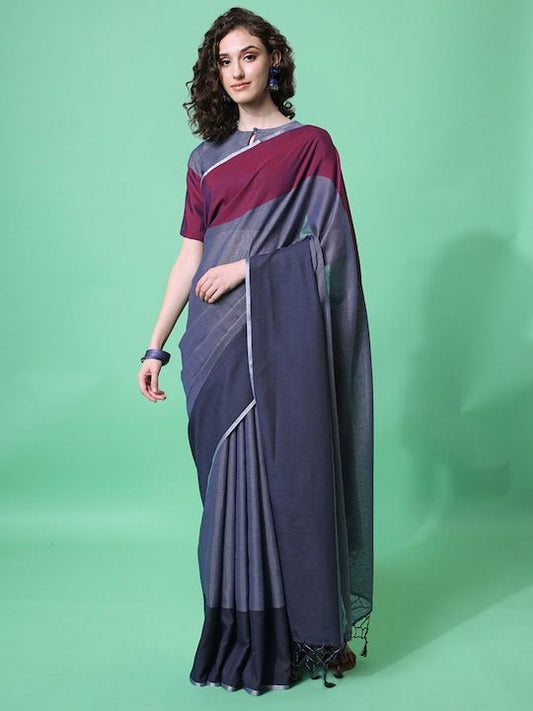 Navy Blue & Maroon Woven Design Saree - Inddus.com