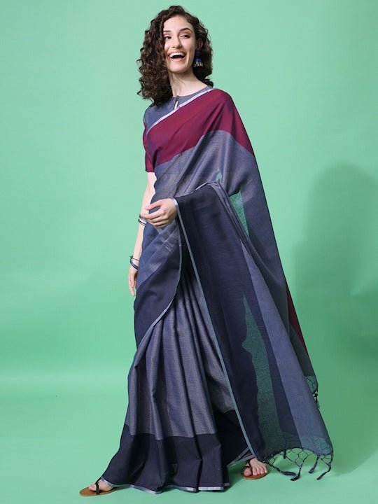 Navy Blue & Maroon Woven Design Saree - Inddus.com