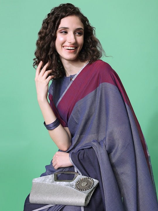 Navy Blue & Maroon Woven Design Saree - Inddus.com