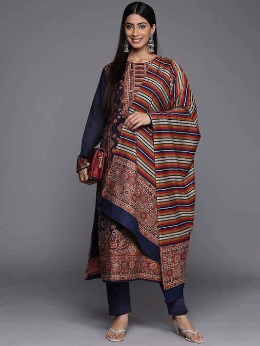 Navy Blue & Orange Printed Woven Pashmina Winter Wear Unstitched Dress Material - Inddus.com