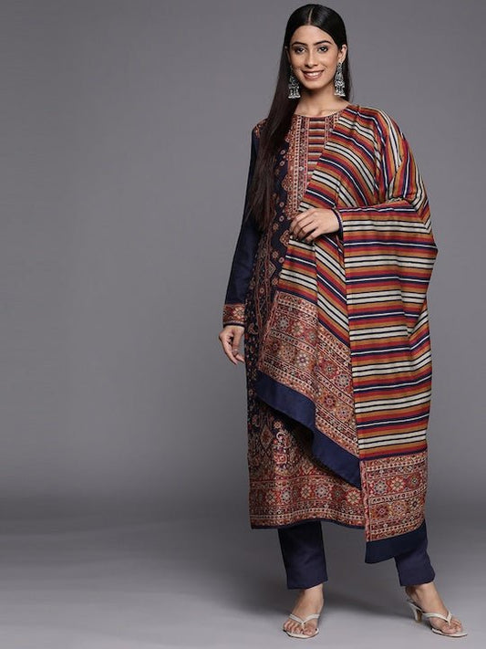 Navy Blue & Orange Printed Woven Pashmina Winter Wear Unstitched Dress Material - Inddus.com