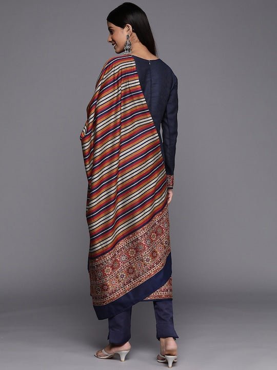 Navy Blue & Orange Printed Woven Pashmina Winter Wear Unstitched Dress Material - Inddus.com