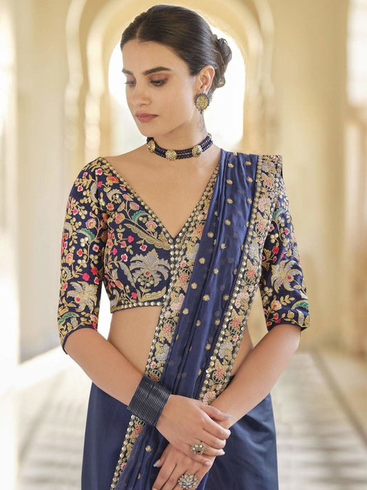 Navy Blue Organza Embroidered Saree - inddus-us