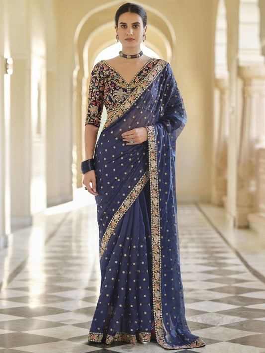 Navy Blue Organza Embroidered Saree - inddus-us