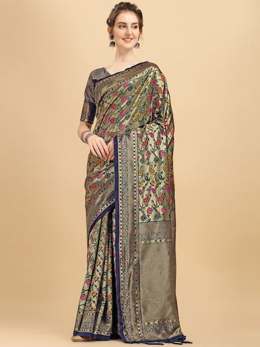 Navy Blue & Pink Floral Zari Silk Blend Saree - Inddus.com