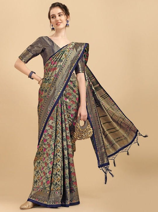 Navy Blue & Pink Floral Zari Silk Blend Saree - Inddus.com