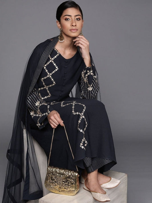 Navy Blue Polyester Embroidered Palazzo Suit - inddus-us