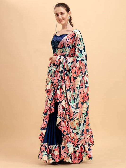 Navy Blue Print Ruffled Saree with Swaroski Embellished Blouse - inddus-us