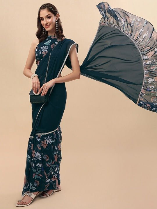 Navy Blue & Red Floral Printed Ruffle Saree - Inddus.com