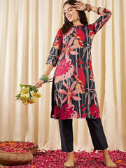 Navy blue, red & pink Floral Printed Regular Kurta With Trousers - Inddus.com