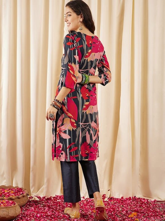 Navy blue, red & pink Floral Printed Regular Kurta With Trousers - Inddus.com