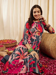 Navy blue, red & pink Floral Printed Regular Kurta With Trousers - Inddus.com