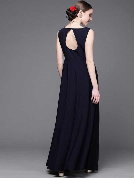 Navy Blue Satin Embroidered Gown - Inddus.com