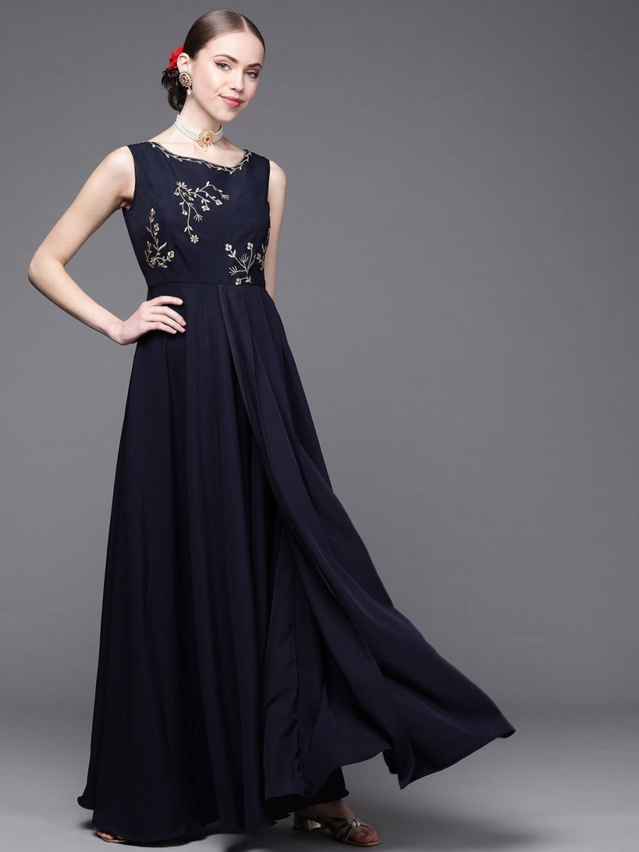 Navy Blue Satin Embroidered Gown - Inddus.com