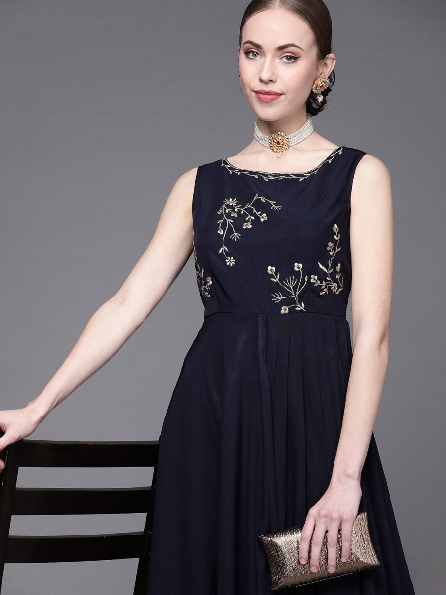 Navy Blue Satin Embroidered Gown - Inddus.com