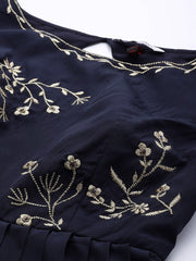 Navy Blue Satin Embroidered Gown - Inddus.com