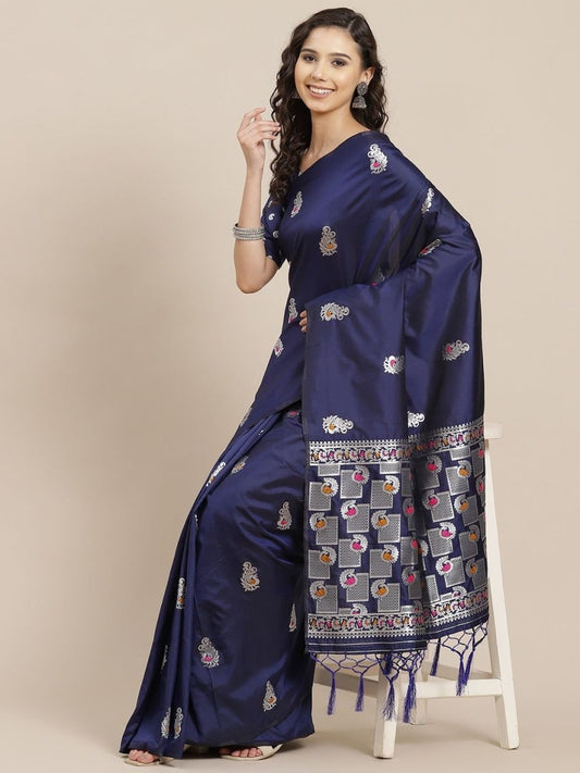 Navy Blue Silver Zari Woven Saree - inddus-us