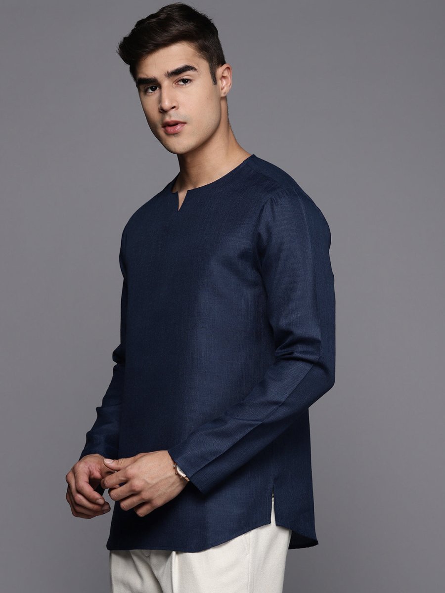 Navy Blue Solid Linen Blend Kurta - Inddus.com