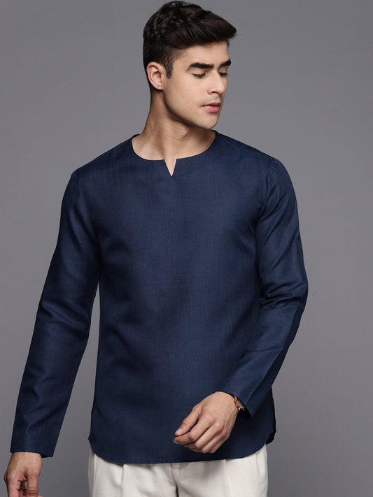 Navy Blue Solid Linen Blend Kurta - Inddus.com