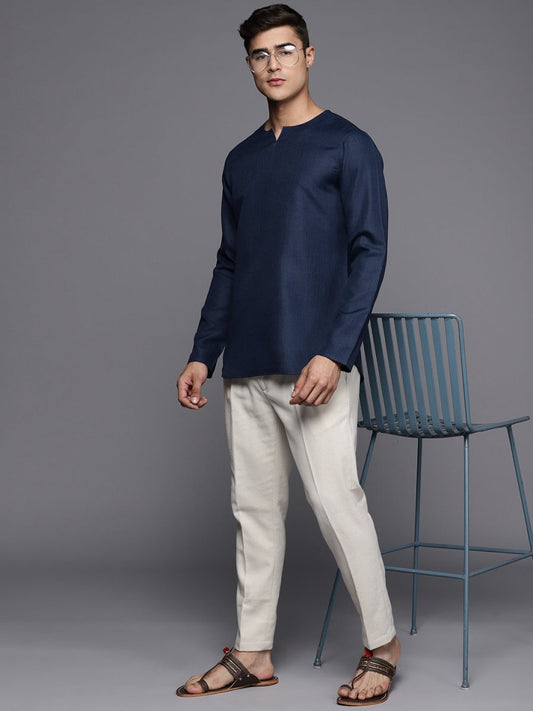 Navy Blue Solid Linen Blend Kurta - Inddus.com