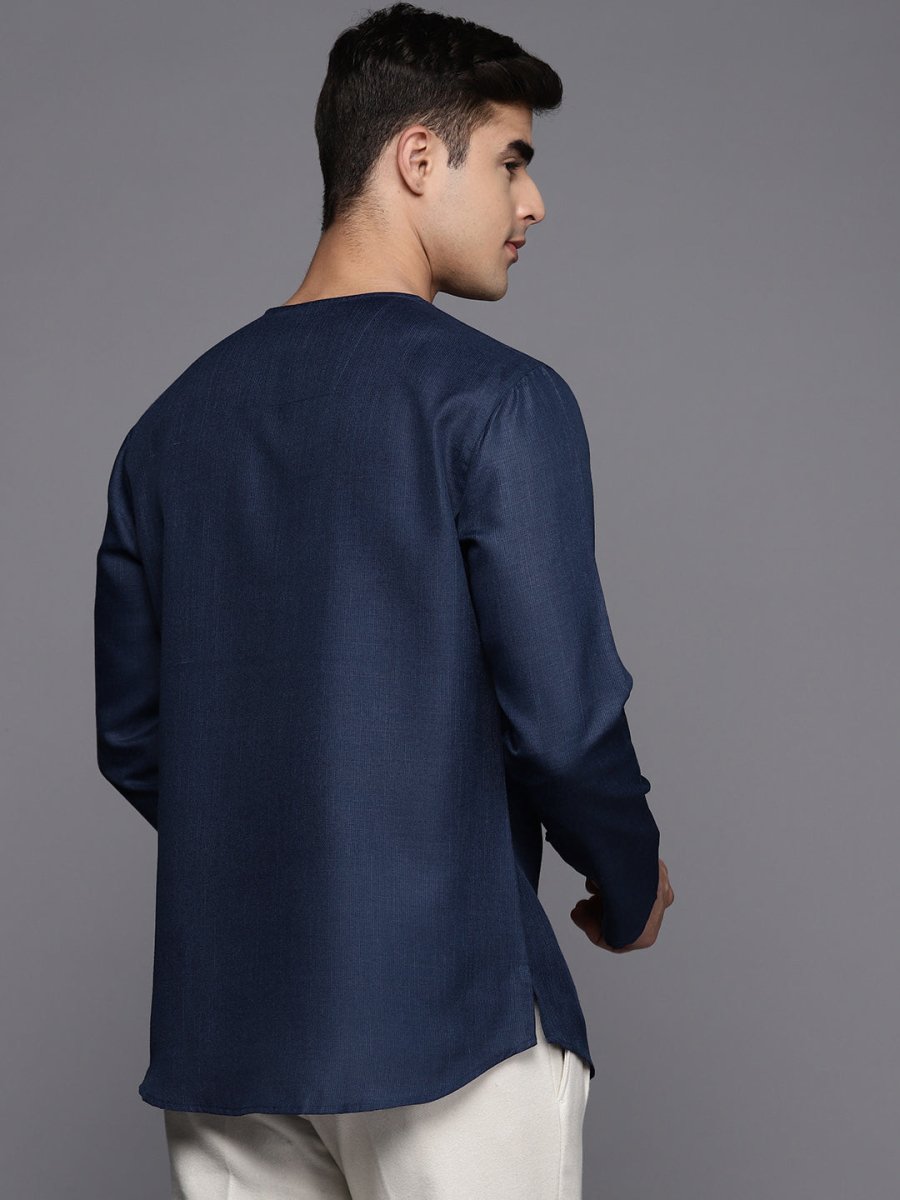 Navy Blue Solid Linen Blend Kurta - Inddus.com