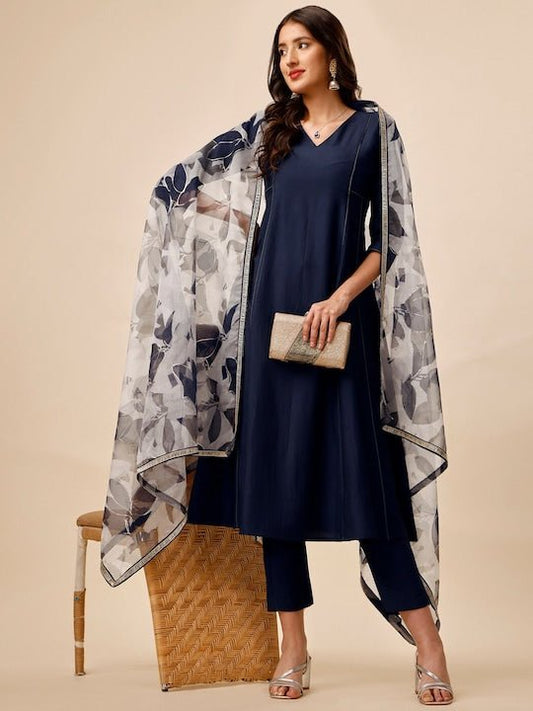 Navy Blue & White V-Neck A-Line Kurta With Trousers & Dupatta - Inddus.com