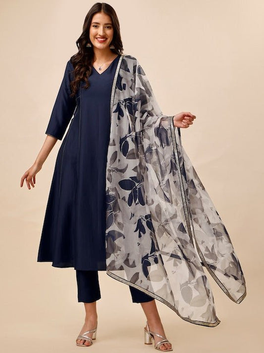 Navy Blue & White V-Neck A-Line Kurta With Trousers & Dupatta - Inddus.com