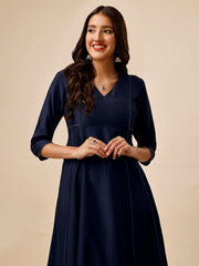 Navy Blue & White V-Neck A-Line Kurta With Trousers & Dupatta - Inddus.com