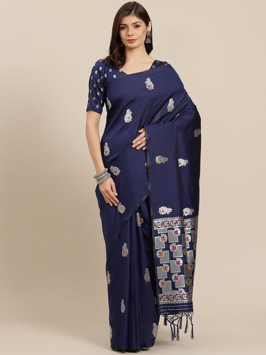 Navy Blue woven design Traditional Saree - Inddus.com