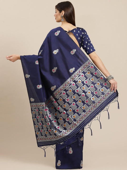 Navy Blue woven design Traditional Saree - Inddus.com