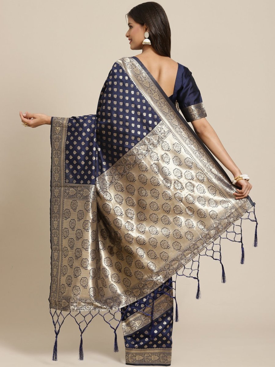 Navy Blue Zari Woven Banarasi Saree - Inddus.com