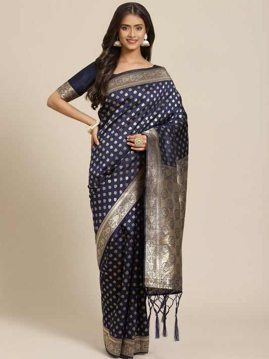 Navy Blue Zari Woven Banarasi Saree - Inddus.com