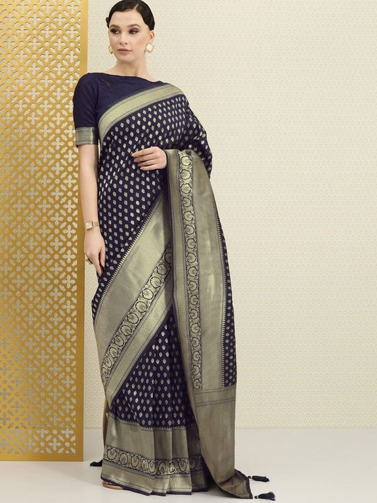 Navy Blue Zari Woven Traditional Saree - inddus-us