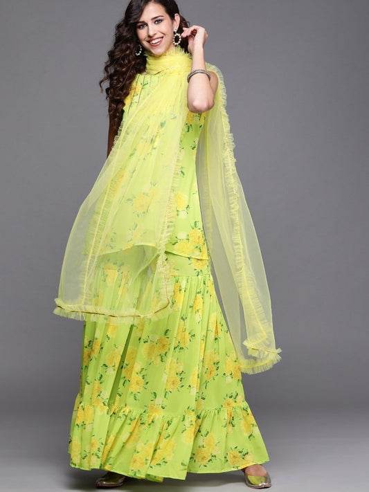 Neon Green Digital Print Kurta with Sharara and Dupatta - Inddus.com