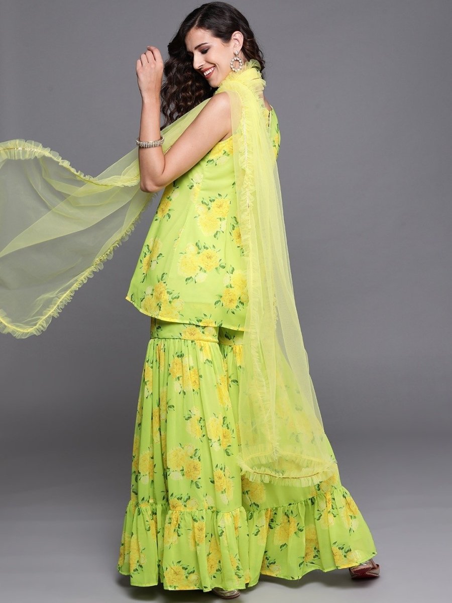 Neon Green Digital Print Kurta with Sharara and Dupatta - Inddus.com