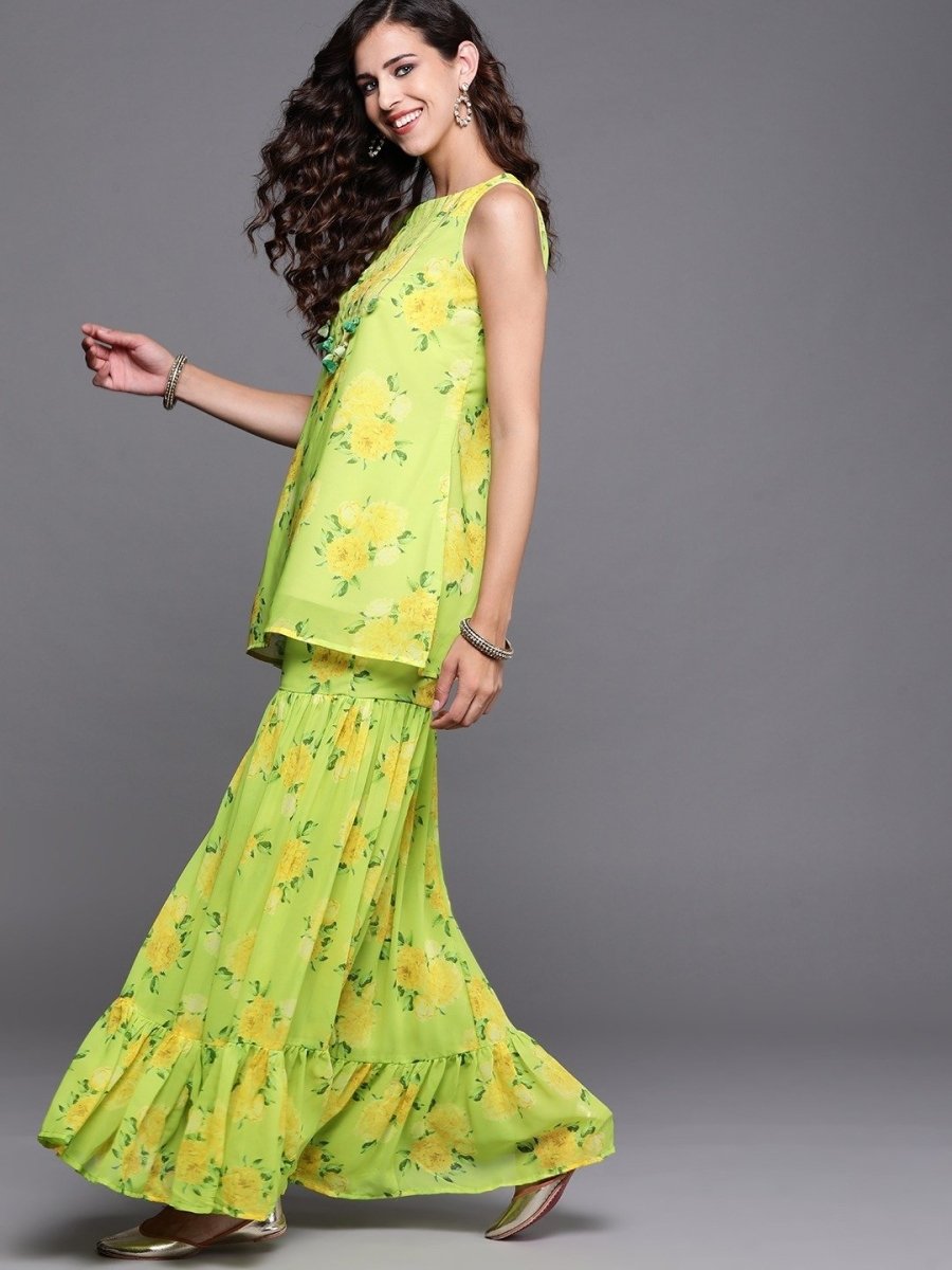 Neon Green Digital Print Kurta with Sharara and Dupatta - Inddus.com