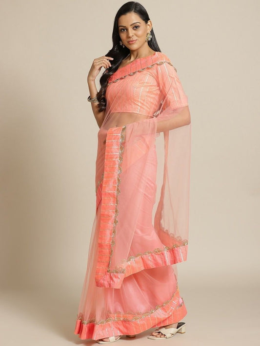 Net Peach Festive Saree - inddus-us