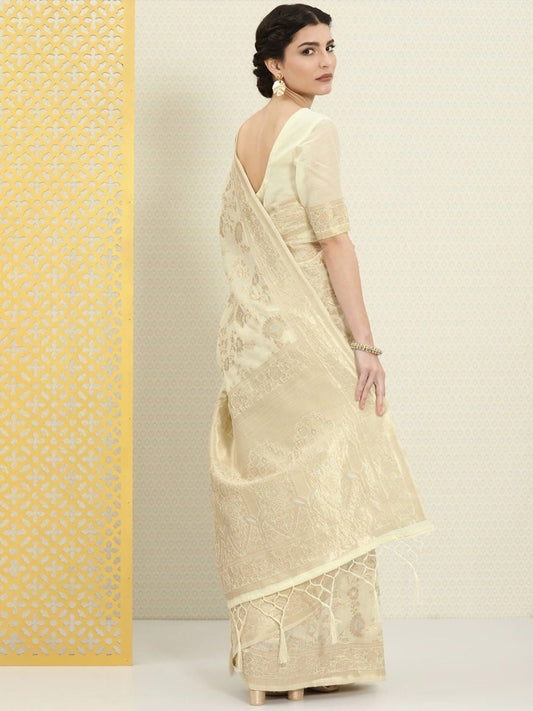 Off White and Gold Floral Zari Woven Saree - Inddus.com