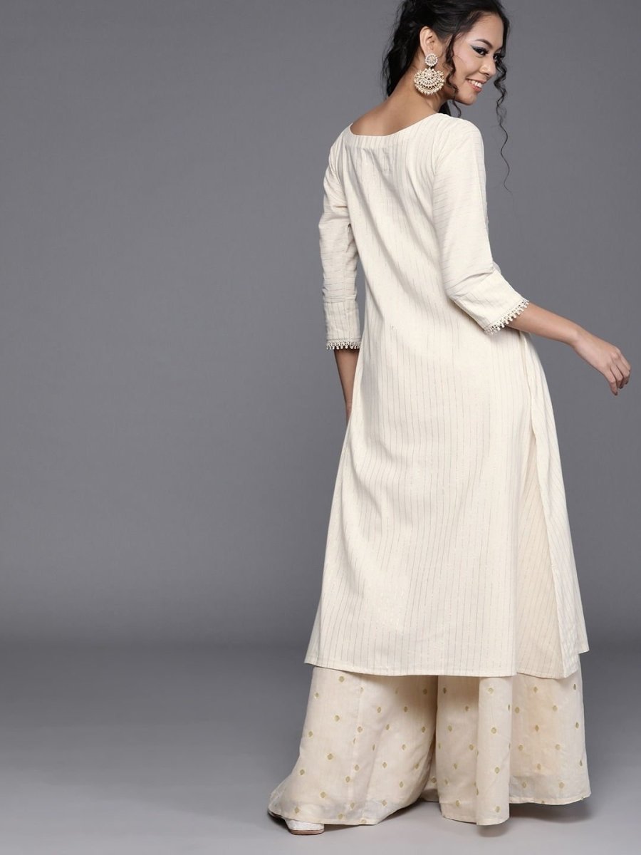 Off White Cotton Striped Kurta - Inddus.com