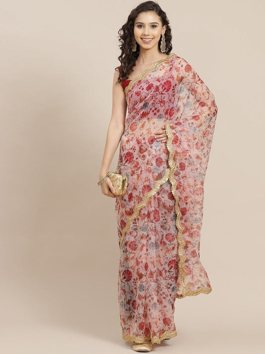 Off White Digital Print Organza Saree - inddus-us