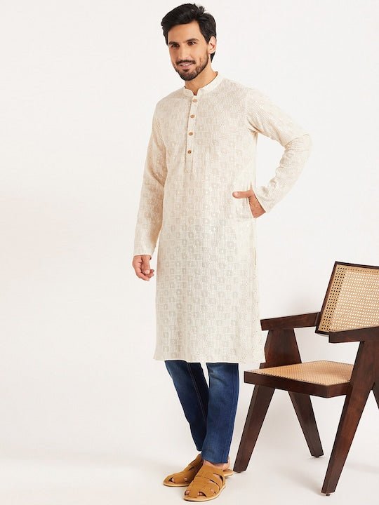 off white Ethnic Motifs Embroidered Cotton Straight Kurta - Inddus.com