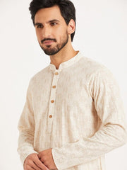 off white Ethnic Motifs Embroidered Cotton Straight Kurta - Inddus.com